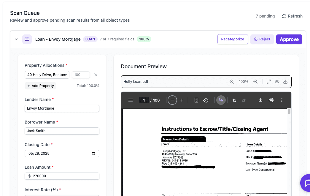 AI document scanning interface for landlord document organizer - automatically extracts dates and key information