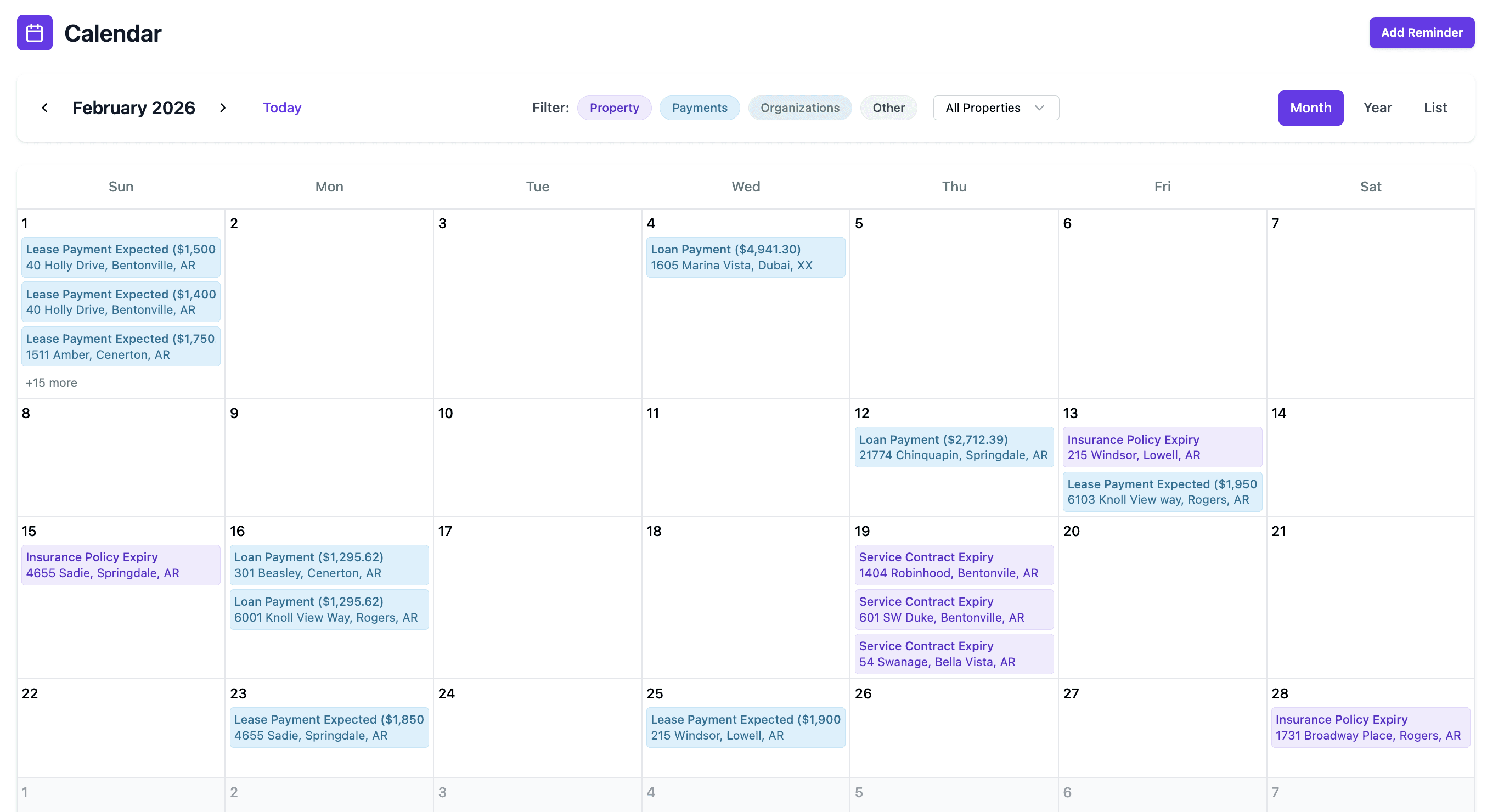 Rental property calendar app showing deadline tracking for property taxes, insurance renewals, lease renewals, and HOA payments